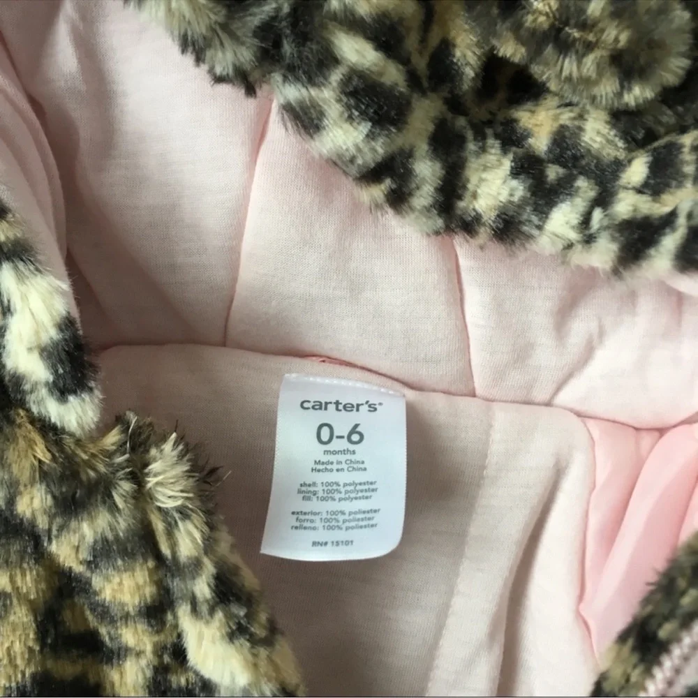 Carters 0 6 Month Leopard Cheetah Bunting Snowsuit Ear Hood Soft Faux Fur